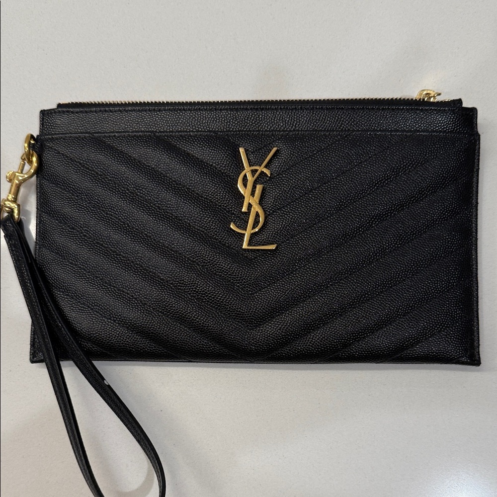Yves Saint Laurent Black Wristlet with Gold Logo